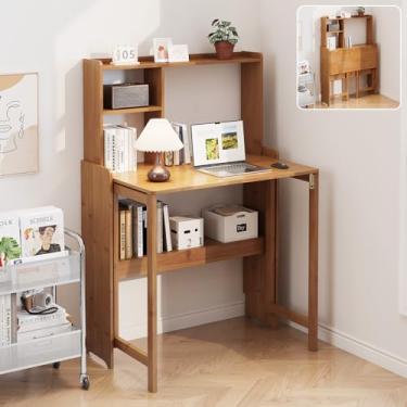Imagem de Mesa dobrável de bambu com rack de armazenamento moderna de meados do século para escritório em casa, quarto, espaços pequenos, marrom