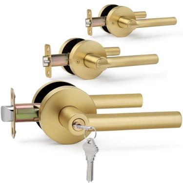 Imagem de LOQRON Pacote com 3 maçanetas de porta de entrada com chave dourada escovada, design redondo, maçanetas resistentes com fechadura, reversível para canhoto/direito para porta de entrada e frente, latão