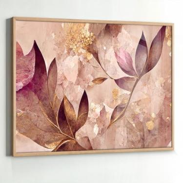 Imagem de Quadro com Moldura e Acrilico Cristal Vidro Sala Quarto Abstrato Floral Folhas Dourada Rosa Decorativo Horizontal Grande Hall