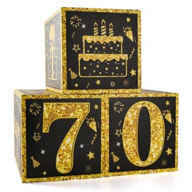 Imagem de 3 caixas de decoração de festa de 70 anos para homens ou meninos - caixas de balões de feliz aniversário de 70 anos de ouro preto, suprimentos de festa de 16 anos para homens e meninos