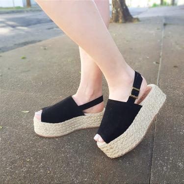 Imagem de Sandália Feminina Flatform Preta Camurça Suede Semi Fechada