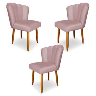 Imagem de Kit 3 Cadeiras de Jantar Pétala Estofada Pés Palito Veludo Rosê Claro - Montanaris Decor