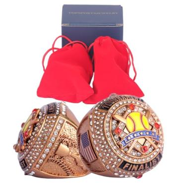 Imagem de TOPSPORTSJEWELRY Pacote com 2 peças ou pacote com 12 peças de anel de troféu de softbol para troféu de campeão de torneios palyers troféu na lateral tamanho 9,5 (2 peças de anéis finalistas genéricos