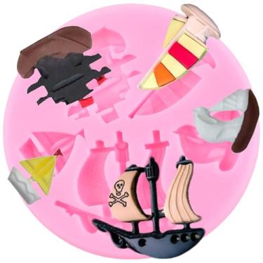 Imagem de Moldes de fondant de barco, molde de silicone de chocolate de navio pirata para decoração de bolos, cobertura de cupcake, pasta de goma de chocolate, argila de polímero