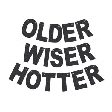 Imagem de Generic Banner com glitter preto Older Wiser Hotter Glitter Banner engraçado de aniversário para adultos 30, 40, 50, 60, 70, 80 anos decorações de festa de aniversário