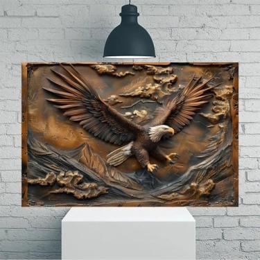 Imagem de Arte de parede em tela rústica vintage com escultura de águia em bronze - Pôster sem moldura de 30 x 45 cm - Decoração de casa e escritório para sala de estar, quarto, cozinha e café