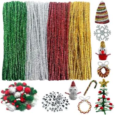 Imagem de Conjunto de 520 peças de limpeza de cachimbo de Natal, incluindo 320 limpadores de cachimbo para artesanato, 100 peças de pompons, 100 peças autoadesivas Wiggle Eyes para artesanato e arte DIY