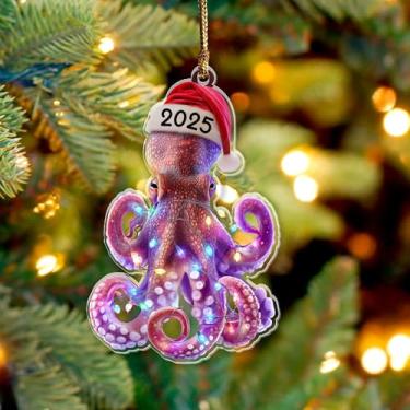 Imagem de Enfeite de Natal de polvo 2025, animais marinhos e oceânicos 9,5 cm (plano 2D) Enfeite de acrílico de dupla face, presente para amantes de polvo, mergulhadores, enfeite de Natal para mulheres, meninas