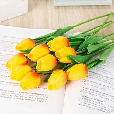 Imagem de Kit 10 Tulipas Artificiais de Látex PU – Buquê de Toque Real 34cm com 5 Flores por Haste para Decoração de Casamento, Casa e Eventos (Cores Diversas)(Laranja (10 unidades))