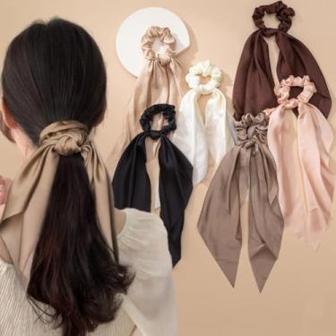 Imagem de 6 peças de lenço elástico para cabelo de cetim com cauda, laços de cabelo preto, fita de cabelo de cetim, tecido liso e elástico para prender o cabelo, acessórios para o cabelo