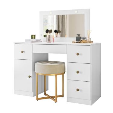 Imagem de Penteadeira Com Espelho Led Camarim Sonhos 5 Gavetas 1 Porta