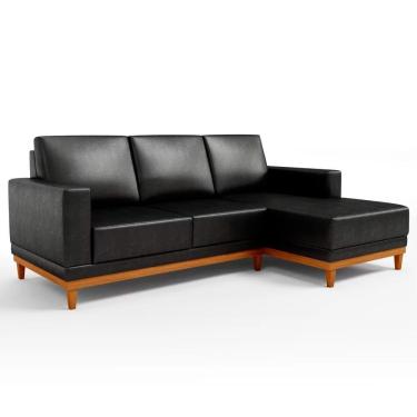 Imagem de Sofá 3 Lugares 200cm Living Com Chaise Direito Sala De Estar Kayrós D05 Sintético Preto - Mpozenato