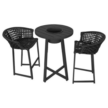 Imagem de Conjunto Bistrô Champanheira Tampo Ripado E 2 Banquetas Reis Corda Náutica Preta - Cor: Preto