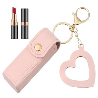 Imagem de Pacote com 1 porta-chaves de batom, armazenamento compacto de maquiagem com espelho para organização de protetor labial, rosa