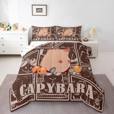 Imagem de Jogo de edredom solteiro com desenho kawaii, laranja, frutas, capivara, roedores, amantes de animais, para crianças, meninas, meninos, adorável castor, animais selvagens, inserção, marrom