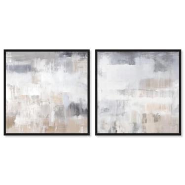 Imagem de Conjunto minimalista de luxo neutro com 2 painéis, arte abstrata para parede da Art Remedy, moldura preta, 76 x 76 cm