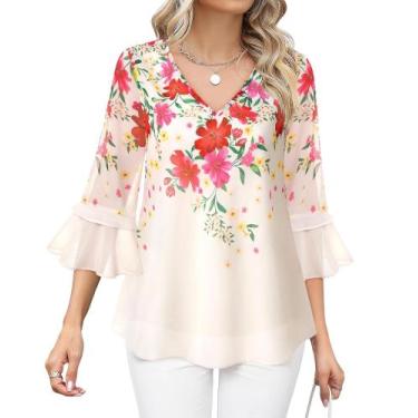 Imagem de Blusa feminina Bebonnie, chiffon floral, decote em V, branca, vermelha