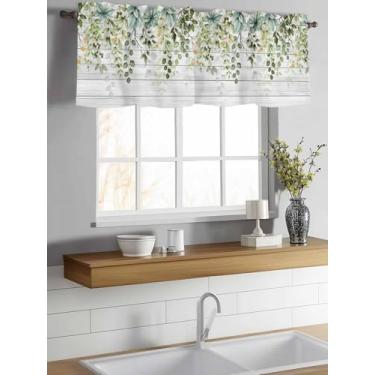 Imagem de Cortinas para Janelas Verde Sálvia Folhas de Eucalipto Janela Varão Bolso Baga Grão Madeira Decoração Cortina para Cozinha Sala de Estar Quarto 137 cm x 45 cm
