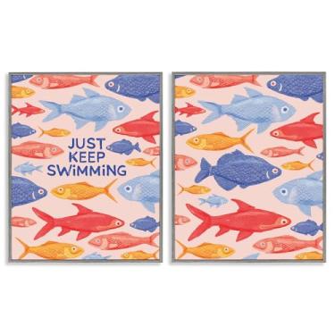 Imagem de Stupell Industries Just Keep Swimming Motivating Fish 2 peças cinza emoldurado conjunto de arte giclée, design por The Paper Curator, 20 x 16