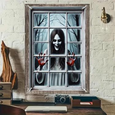 Imagem de BlissYard Capa de janela de Halloween fantasma sorridente assustador, olhos brancos, mãos ensanguentadas, faixa infantil assombrada, 78 x 129 cm, decoração de janela assustadora de poliéster para