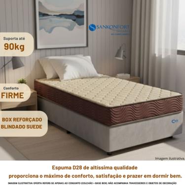 Imagem de Conjunto Box Solteiro Colchão Sankonfort Toulon Espuma D28 88x188 Antiácaro com Base Box Suede Blindada
