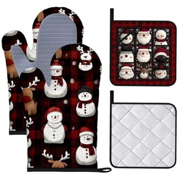 Imagem de BVBOX Conjunto de 4 luvas de forno e pegadores de panela de Natal resistentes ao calor com superfície de silicone antiderrapante para cozinha, cozinha, assar, grelhar (Papai Noel, conjunto com 4)