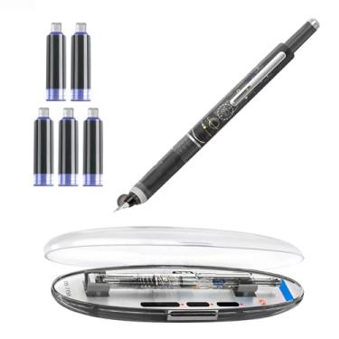 Imagem de Porindisi Caneta-tinteiro retrátil, ponta extrafina de 0,38 mm, tinta preta, barril transparente, recarregável, à prova de manchas, 5 cartuchos de tinta incluídos, método de proteção Clictek