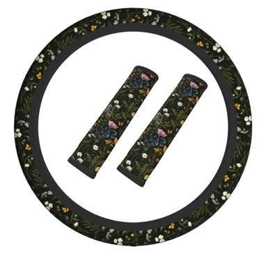 Imagem de Capa de volante floral elástica antiderrapante para volante de carro com cinto de segurança almofada de ombro para mulheres e homens