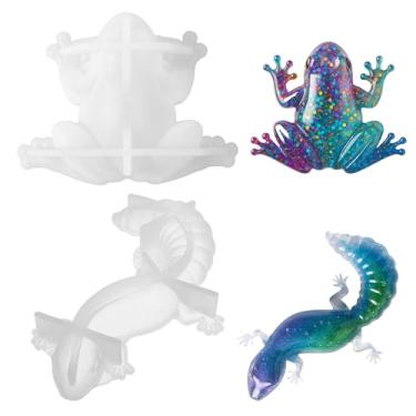 Imagem de 2 moldes de resina em forma de lagarto de sapo, molde de silicone animal realista, moldes de resina de lagarto de sapo com formas realistas de rãs, molde de resinas fofas 3D para fundição de epóxi