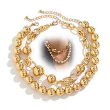 Imagem de Colar de corrente de bolas grandes de ouro grosso para mulheres, vintage, pérolas brancas, colares exagerados, vintage, bolas redondas grossas, contas, joias grandes, Large, Zinco, Sem Pedra Preciosa