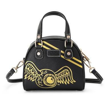 Imagem de Von Dutch Bolsa de boliche clássica feminina – Bolsa feminina com alça ajustável, interior espaçoso e design icônico com logotipo, Listra de corrida preta e dourada