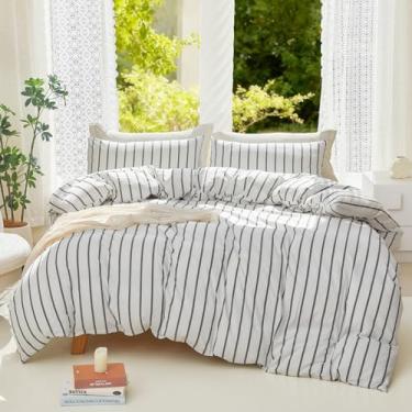 Imagem de DONEUS Conjunto de capa de edredom listrado, tamanho solteiro, 100% algodão lavado, 3 peças, super macio, respirável, confortável, natural, linho, texturizado, com fecho de zíper (branco cinza escuro
