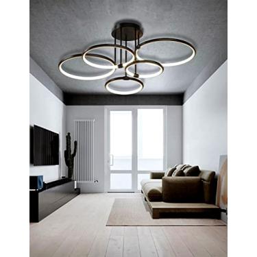 Imagem de Luminária de teto LED moderna e regulável para sala de estar, com anel preto e controle remoto, temperatura de cor de 3000K a 6500K. Ideal para mesa de jantar, hall de entrada, escritório e