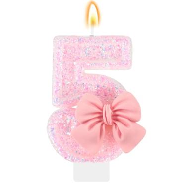 Imagem de IDIJOLI Vela de aniversário rosa, laço número 5, topo de bolo, decoração de cupcake, decorações de festa de 5º aniversário, comemorações, suprimentos, lembrancinhas