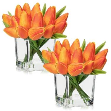 Imagem de DILATATA Tulipas Laranja Artificiais Em Vaso Com Água Artificial, 5,5" Flores De Toque Real, Arranjo Pequeno Cubo Vidro Para Centro Mesa Do Dia Das Mães, Decoração Casa E Casamento, Pacote 2