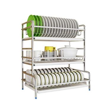 Imagem de BSNANCA Escorredor de louça, escorredor de pratos de 3 camadas com suporte de utensílios, suporte de tábua de corte e escorredor de pratos para bancada de cozinha, secador de pratos de aço inoxidável
