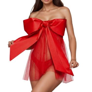 Imagem de Satin Babydoll Lingerie for Women Sexy Christmas Outfits Sheer Short Ruffle Skirt Strapless Bandeau Tube Party Mini Dress Red Rave Santa Club