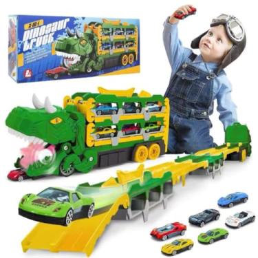 Imagem de Caminhão Transportador Dinossauro 3 Em 1 Maleta Com 6 Carrinhos Pista Diversão E Aventura Em Um Só Brinquedo Transforme O Momento De Brincar Em Uma Verdadeira Expedição Jurássica(Cor Verde e Amarelo)