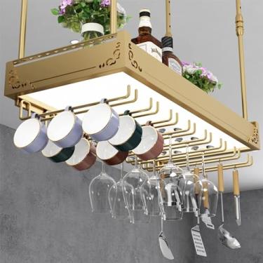 Imagem de PZHANGZVH Rack de vinho rústico montado no teto com suporte de vidro e luz, barra suspensa ajustável, suporte de vinho, prateleira de armazenamento para cozinha de bar (ouro 120 x 30 cm)