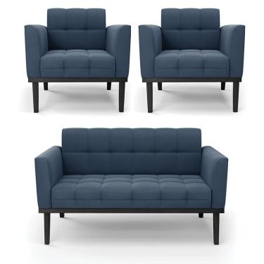 Imagem de Sofá Namoradeira E 2 Poltronas Base De Madeira Preto Elisa Suede D03 - D'rossi Cor Azul Marinho