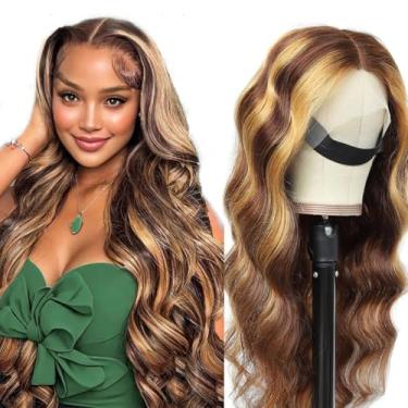 Imagem de Perucas Highlight Body Wave Lace Front 14A13x6 HD T cabelo humano pré-arrancado 4/27 colorido 200% densidade HD mel loiro perucas para mulheres negras Ombre 13x6x1 peruca ondulada transparente (55 cm)