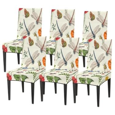 Imagem de Conjunto de 6 capas elásticas para cadeira de sala de jantar, capa protetora de assento de animal, flor, borboleta, retrô, lavável, para cozinha, casa, hotel, banquete, festa de casamento, cerimônia
