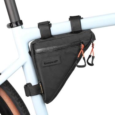 Imagem de Rhinowalk Bolsa triangular para quadro de bicicleta, bolsa de armazenamento compacta à prova d'água com zíperes YKK, design com vários bolsos, não esfrega as pernas – 0,9 L, preta