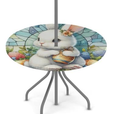 Imagem de hongjinglin Toalha de mesa de Páscoa para uso ao ar livre com orifício para guarda-chuva, toalha de mesa redonda elástica com zíper, impermeável, limpável, para piquenique, festa, pátio, serve para