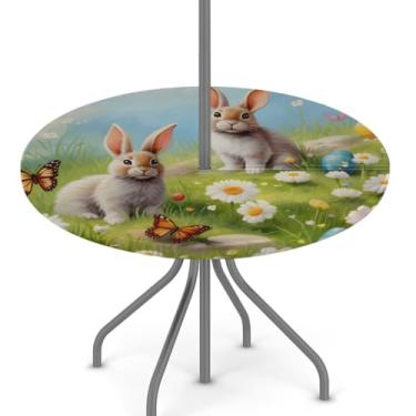 Imagem de hongjinglin Toalha de mesa de Páscoa para uso ao ar livre com orifício para guarda-chuva, toalha de mesa redonda elástica com zíper, impermeável, limpável, para piquenique, festa, pátio, serve para