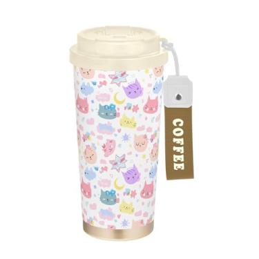 Imagem de SEHANY Caneca de viagem de gato gatinho fofo de 482 g xícaras de café reutilizáveis revestidas de cerâmica com tampa à prova de vazamento, parede dupla, isolamento a vácuo, copo de café de aço