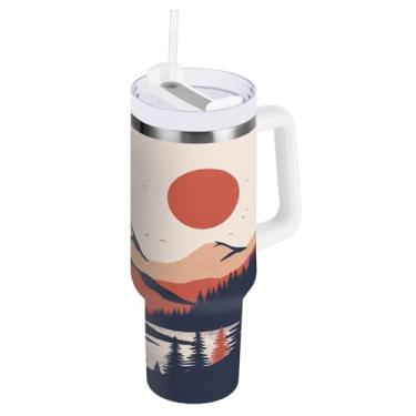 Imagem de Blueangle Copo isolado de 850 g com alça e tampa de canudo - Caneca de viagem de aço inoxidável à prova de vazamento, garrafa de água vintage de paisagem de montanha a vácuo de parede dupla (840)