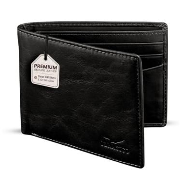 Imagem de Claasico Carteira masculina dobrável para homens – Carteira de couro genuíno RFID, porta-cartão fino com janela para identidade – Caixa de presente incluída, Couro preto liso, Small, Carteira