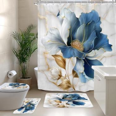 Imagem de Riyidecor Conjunto de 4 peças de cortina de chuveiro de banheiro floral dourado azul abstrato minimalista conjunto de decoração de banheiro com tapetes e acessórios tapete moderno para tampa de vaso