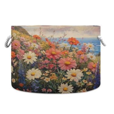 Imagem de Blueangle Cesta de armazenamento de pintura de margaridas de 50,8 cm P x 35,5 cm A - cesto de roupa extra grande dobrável, organizador de brinquedos redondo e armazenamento doméstico à prova d'água